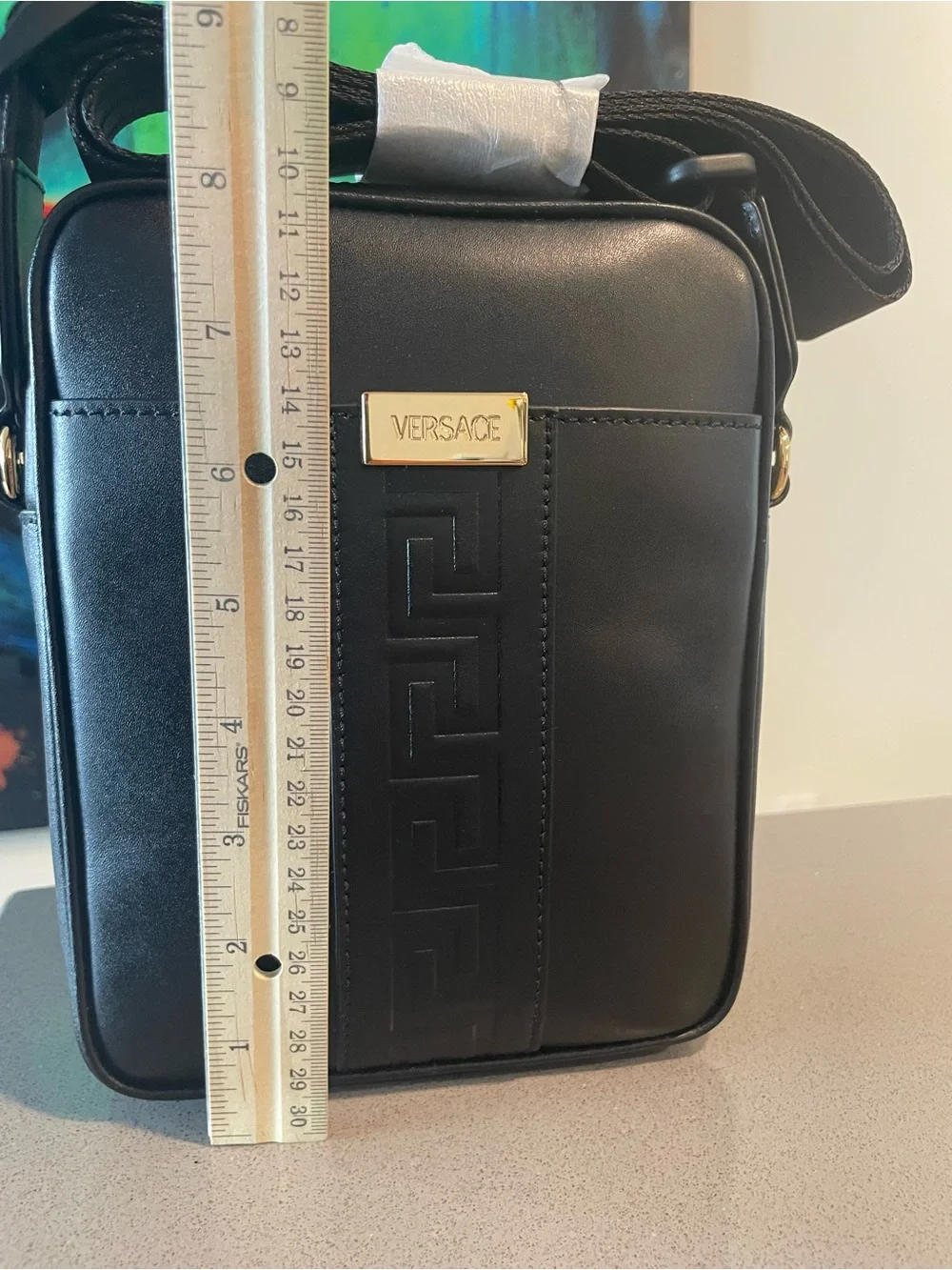 Versace Black Leather Messenger Crossbody with Gold Plaque